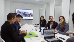 Sala de reuniones en Calle Colón, Valencia, con pantalla para presentaciones